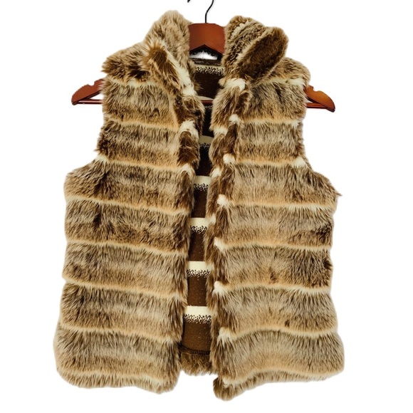 Outdoor Edition by Parkhurst Faux Fur Vest Women Medium Multi Brown Tan Striped - Picture 1 of 11